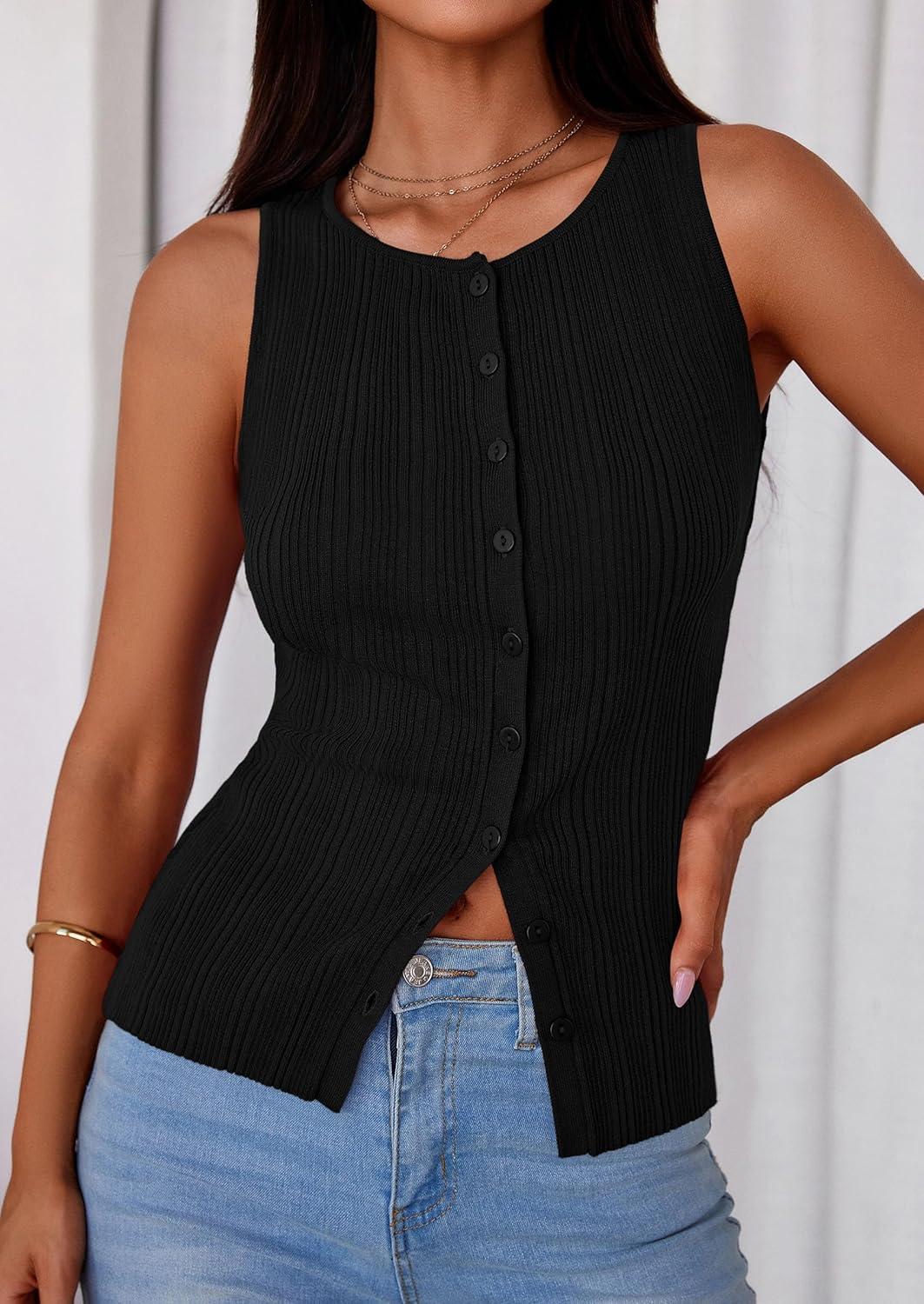 imagePRETTYGARDEN Ribbed Tank Tops for Women Summer 2026 Button Down Sleeveless Shirts Y2K Fashion Clothing Going Out Vest TopBlack