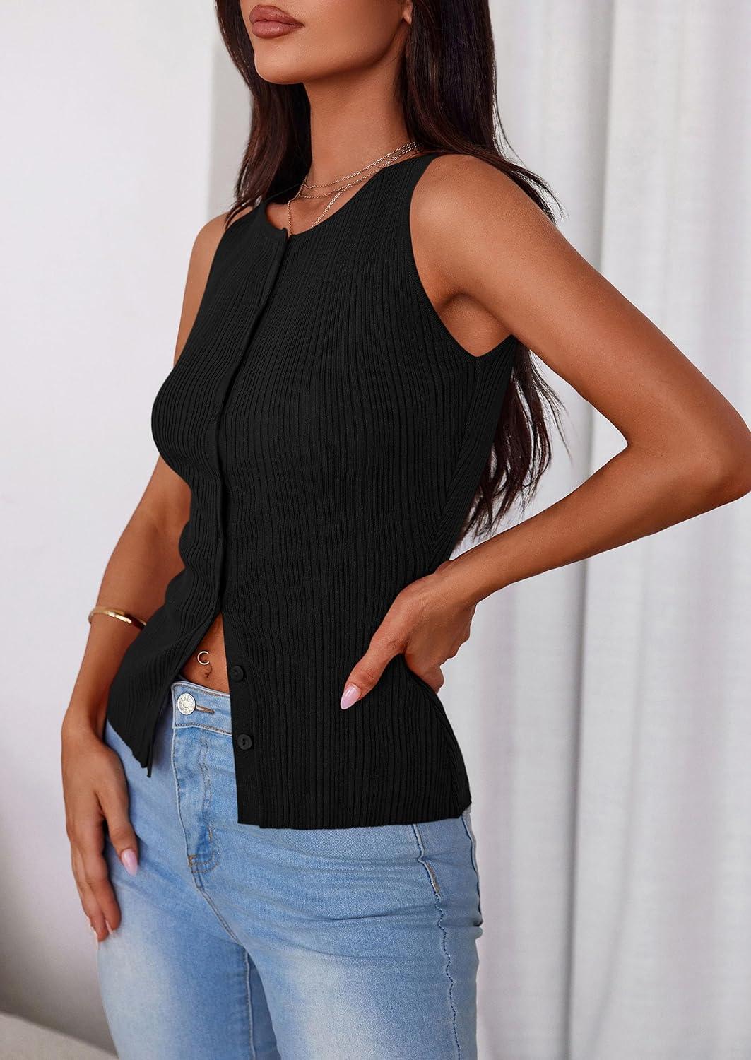 imagePRETTYGARDEN Ribbed Tank Tops for Women Summer 2026 Button Down Sleeveless Shirts Y2K Fashion Clothing Going Out Vest TopBlack