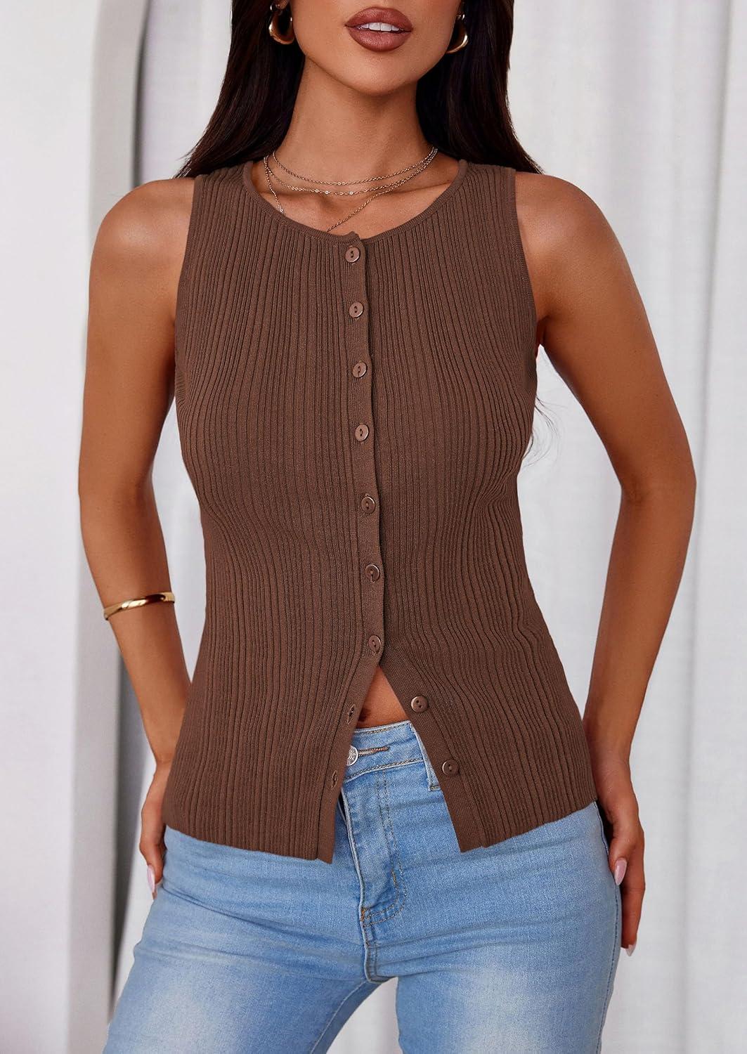 imagePRETTYGARDEN Ribbed Tank Tops for Women Summer 2026 Button Down Sleeveless Shirts Y2K Fashion Clothing Going Out Vest TopBrown