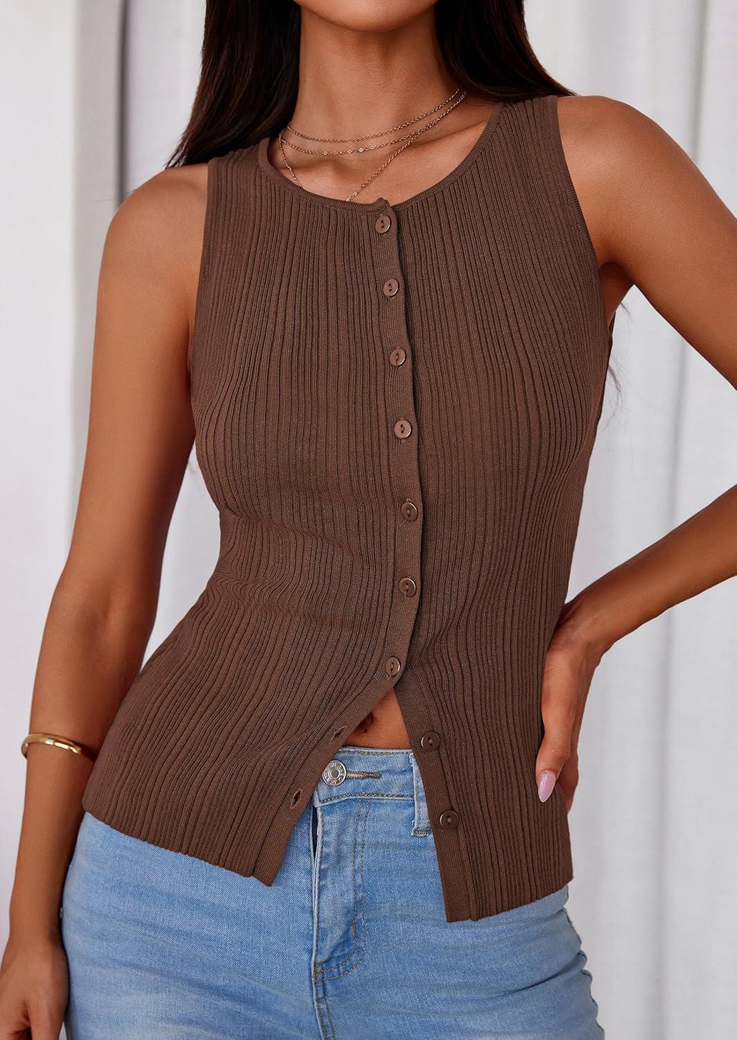 imagePRETTYGARDEN Ribbed Tank Tops for Women Summer 2026 Button Down Sleeveless Shirts Y2K Fashion Clothing Going Out Vest TopBrown