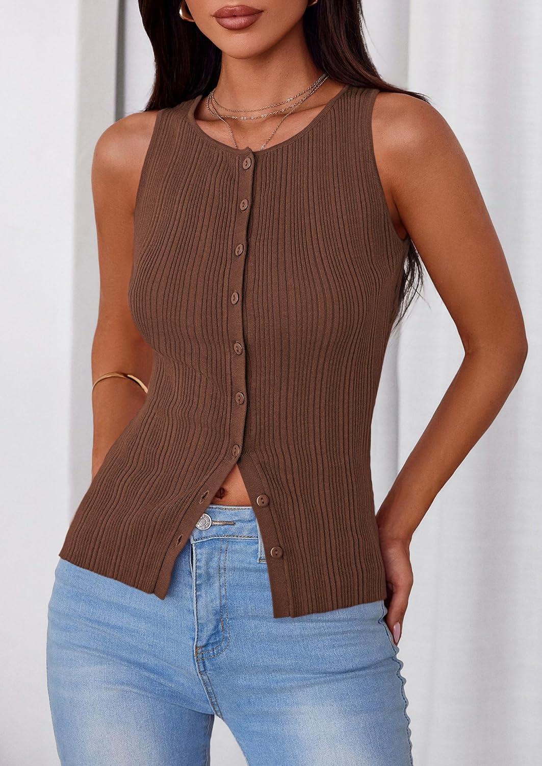 imagePRETTYGARDEN Ribbed Tank Tops for Women Summer 2026 Button Down Sleeveless Shirts Y2K Fashion Clothing Going Out Vest TopBrown