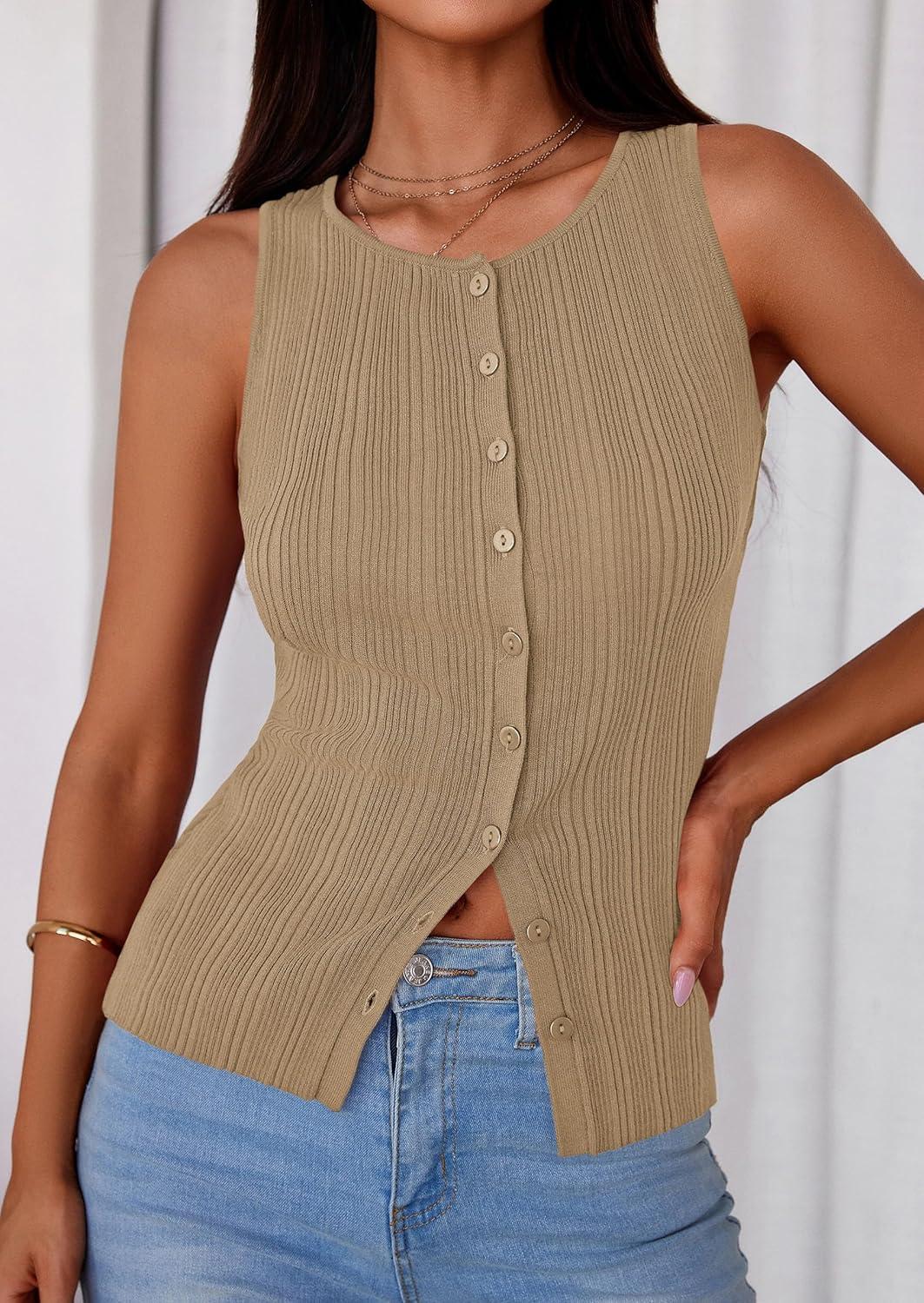 imagePRETTYGARDEN Ribbed Tank Tops for Women Summer 2026 Button Down Sleeveless Shirts Y2K Fashion Clothing Going Out Vest TopCamel
