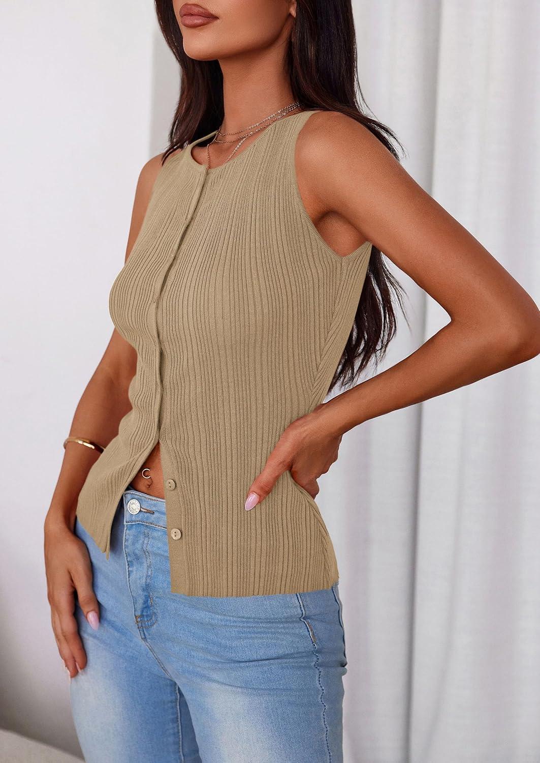 imagePRETTYGARDEN Ribbed Tank Tops for Women Summer 2026 Button Down Sleeveless Shirts Y2K Fashion Clothing Going Out Vest TopCamel