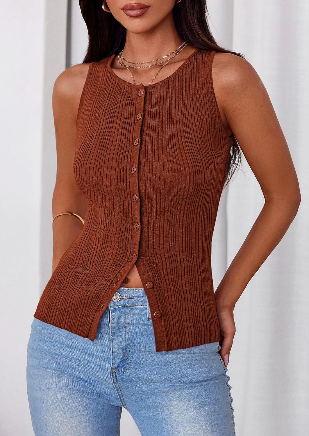 imagePRETTYGARDEN Ribbed Tank Tops for Women Summer 2026 Button Down Sleeveless Shirts Y2K Fashion Clothing Going Out Vest TopCaramel