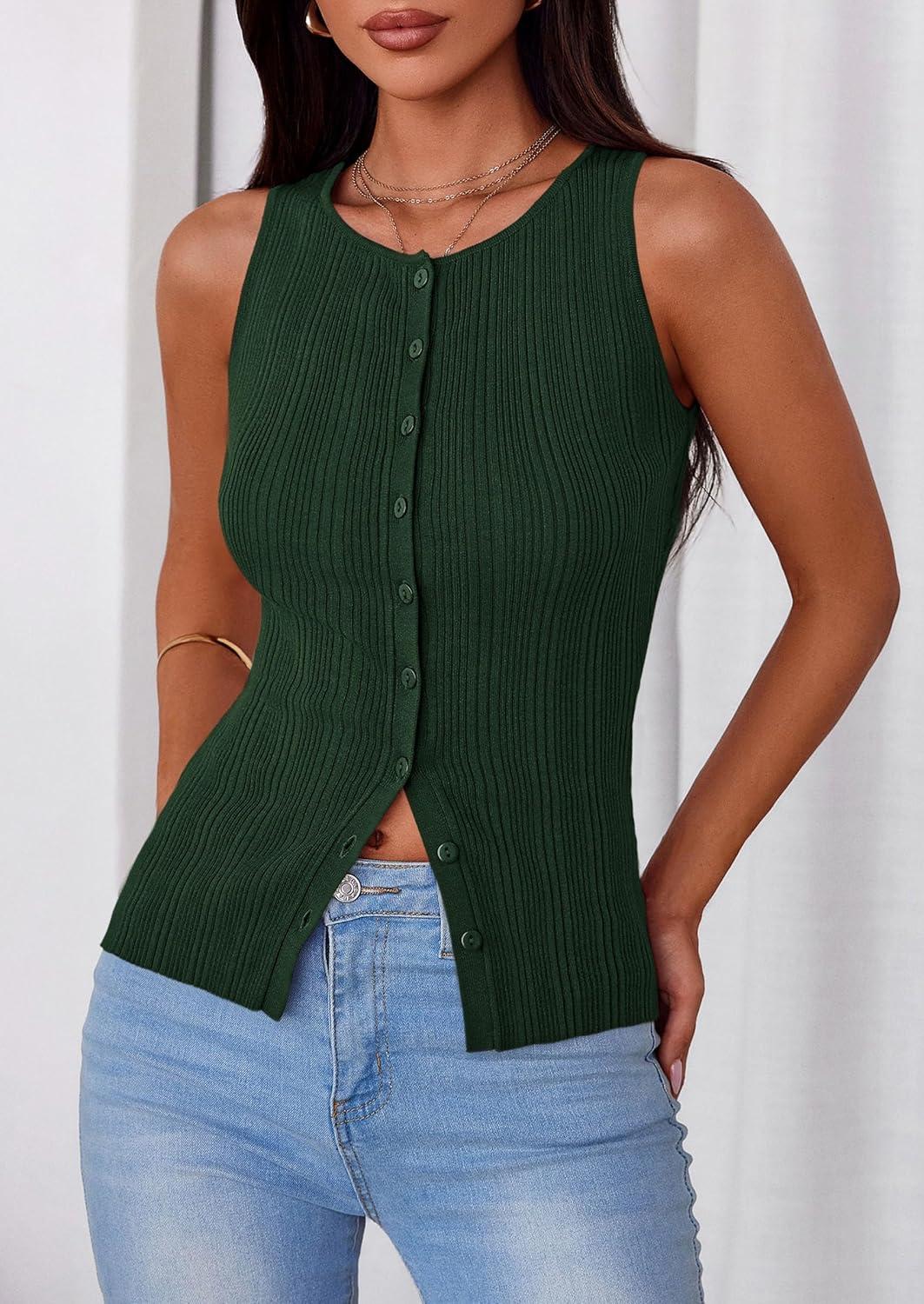 imagePRETTYGARDEN Ribbed Tank Tops for Women Summer 2026 Button Down Sleeveless Shirts Y2K Fashion Clothing Going Out Vest TopDark Green