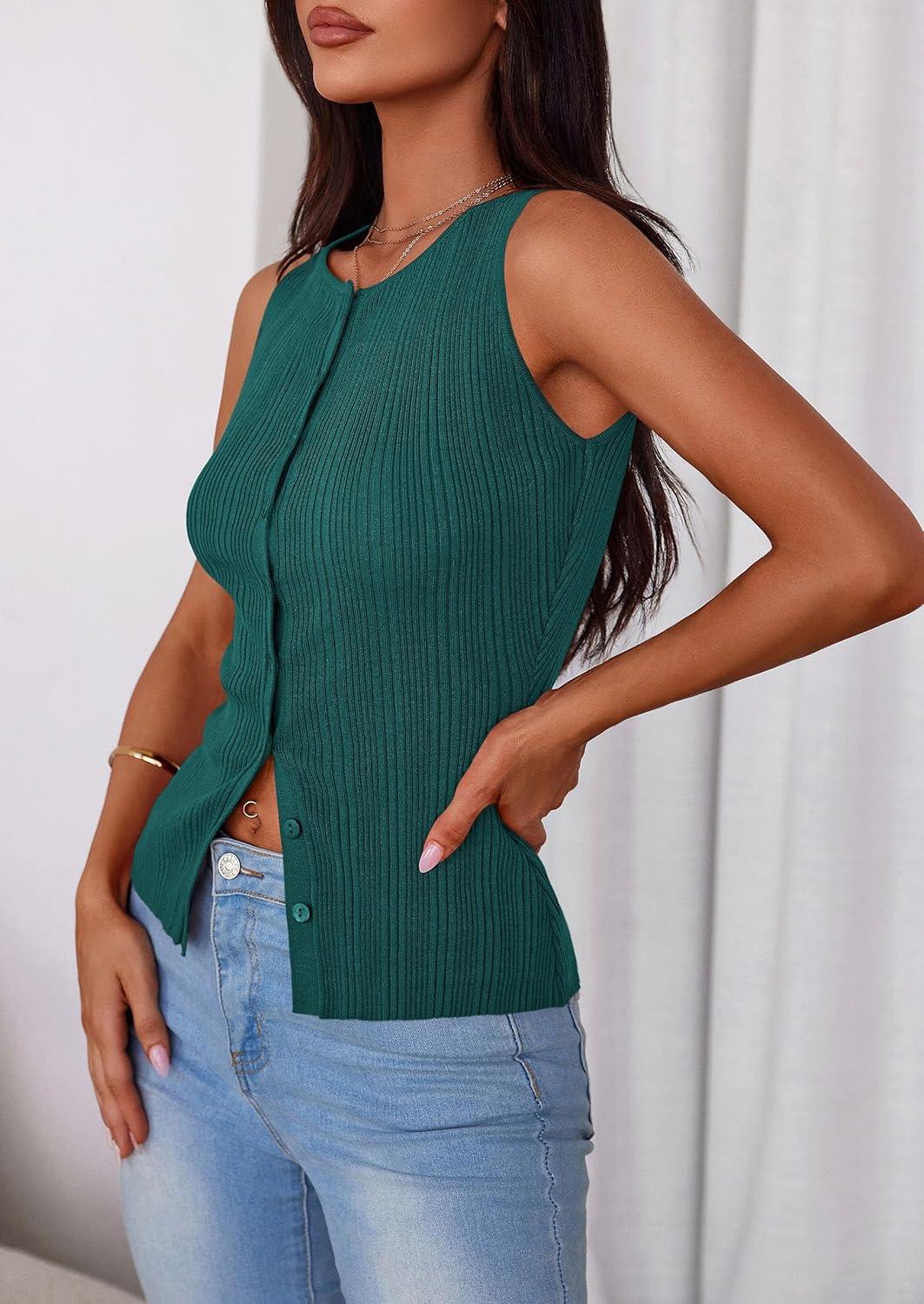 imagePRETTYGARDEN Ribbed Tank Tops for Women Summer 2026 Button Down Sleeveless Shirts Y2K Fashion Clothing Going Out Vest TopMalachite Green