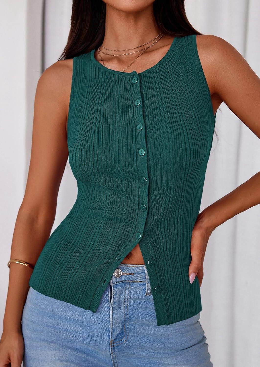 imagePRETTYGARDEN Ribbed Tank Tops for Women Summer 2026 Button Down Sleeveless Shirts Y2K Fashion Clothing Going Out Vest TopMalachite Green
