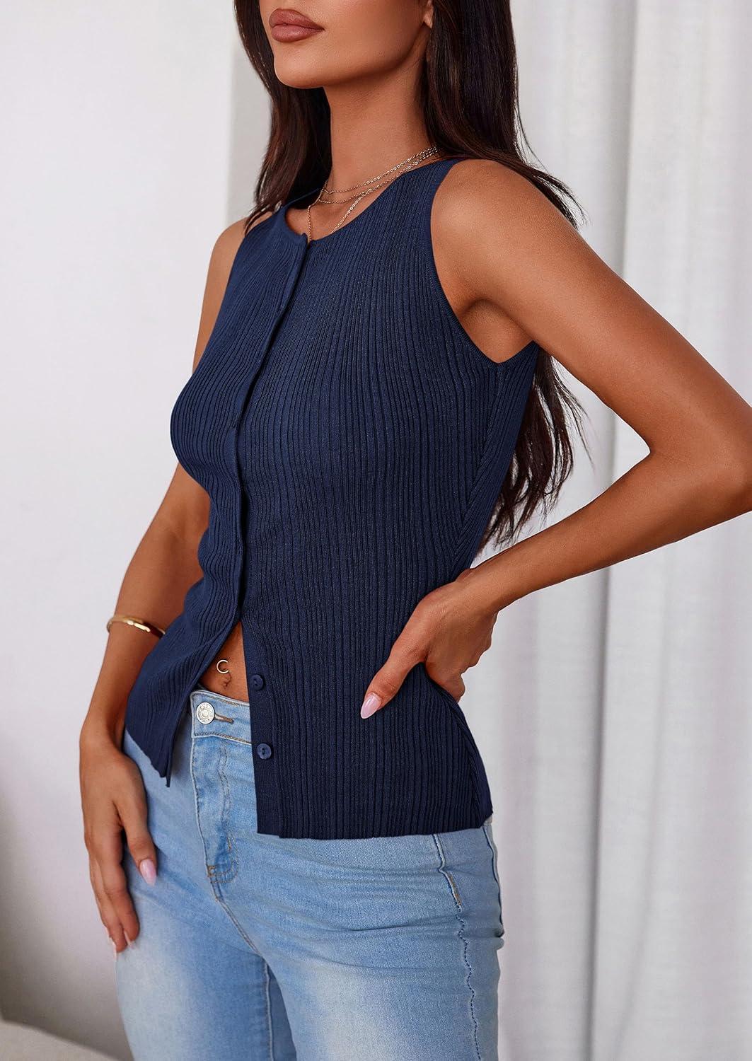 imagePRETTYGARDEN Ribbed Tank Tops for Women Summer 2026 Button Down Sleeveless Shirts Y2K Fashion Clothing Going Out Vest TopNavy