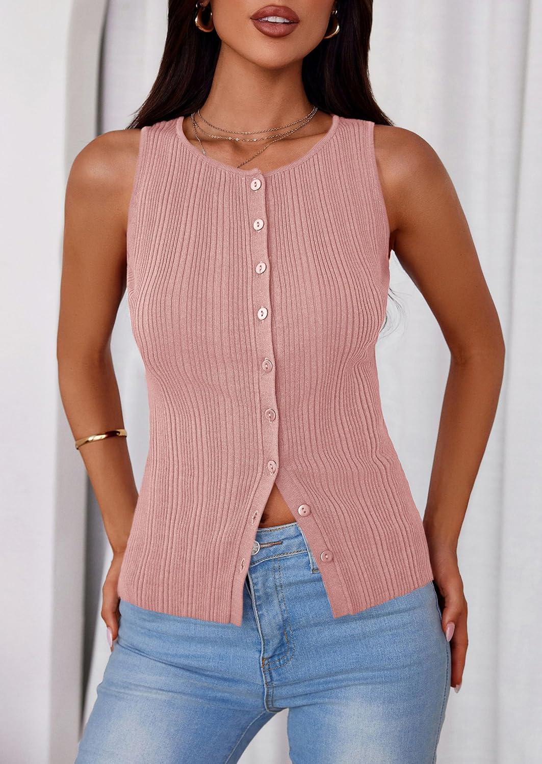 imagePRETTYGARDEN Ribbed Tank Tops for Women Summer 2026 Button Down Sleeveless Shirts Y2K Fashion Clothing Going Out Vest TopPink