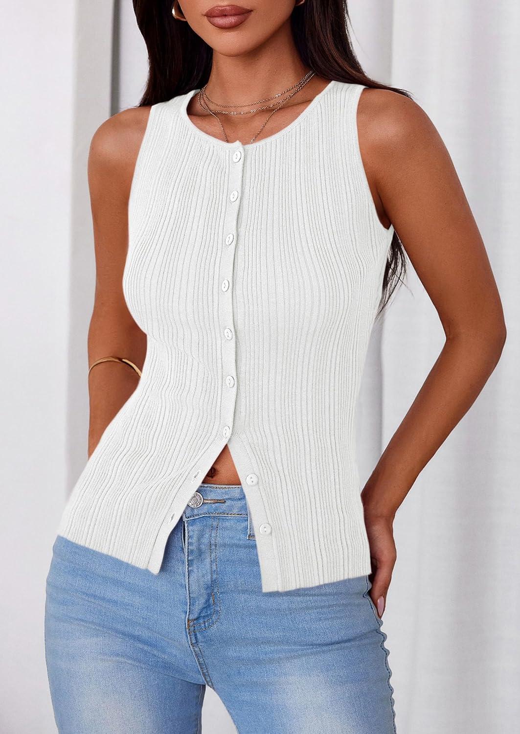 imagePRETTYGARDEN Ribbed Tank Tops for Women Summer 2026 Button Down Sleeveless Shirts Y2K Fashion Clothing Going Out Vest TopWhite