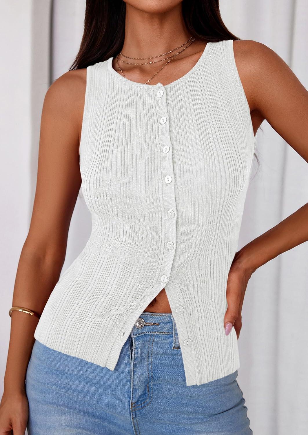 imagePRETTYGARDEN Ribbed Tank Tops for Women Summer 2026 Button Down Sleeveless Shirts Y2K Fashion Clothing Going Out Vest TopWhite