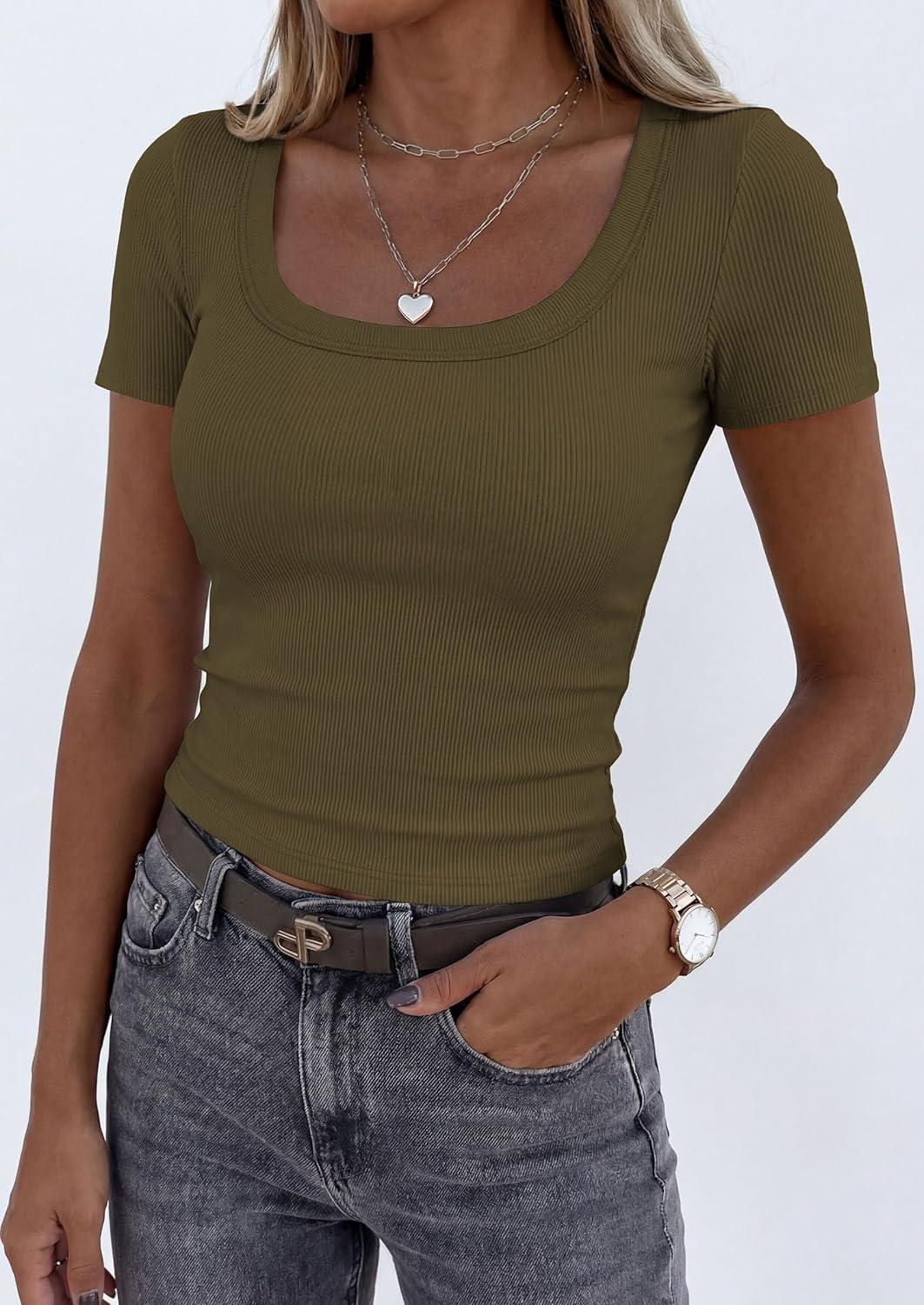 imagePRETTYGARDEN Scoop Neck Tops for Women 2026 Summer Basic Tees Trendy Short Sleeve Shirts Spring Casual Fitted Ribbed TopsArmy Green