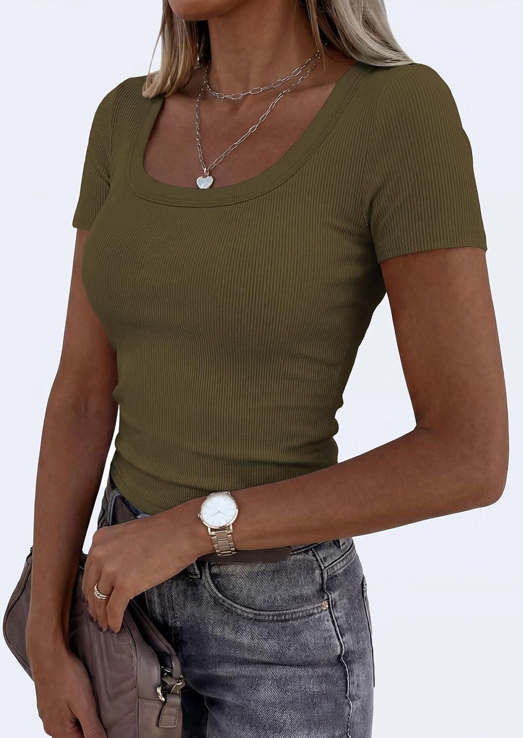 imagePRETTYGARDEN Scoop Neck Tops for Women 2026 Summer Basic Tees Trendy Short Sleeve Shirts Spring Casual Fitted Ribbed TopsArmy Green
