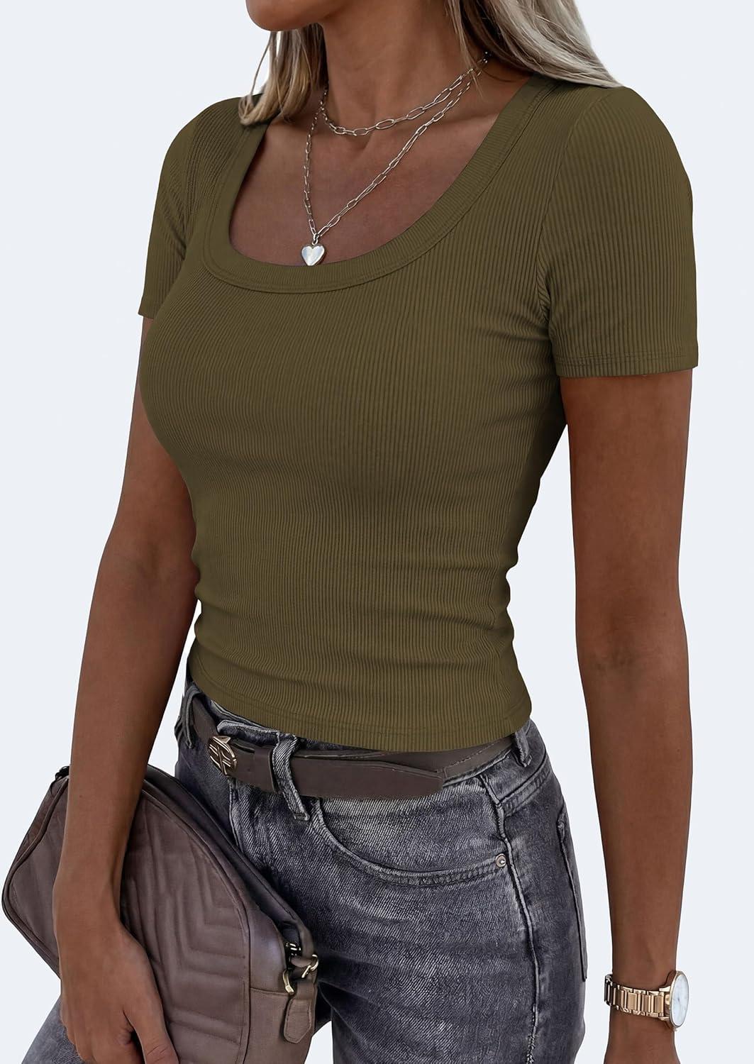 imagePRETTYGARDEN Scoop Neck Tops for Women 2026 Summer Basic Tees Trendy Short Sleeve Shirts Spring Casual Fitted Ribbed TopsArmy Green