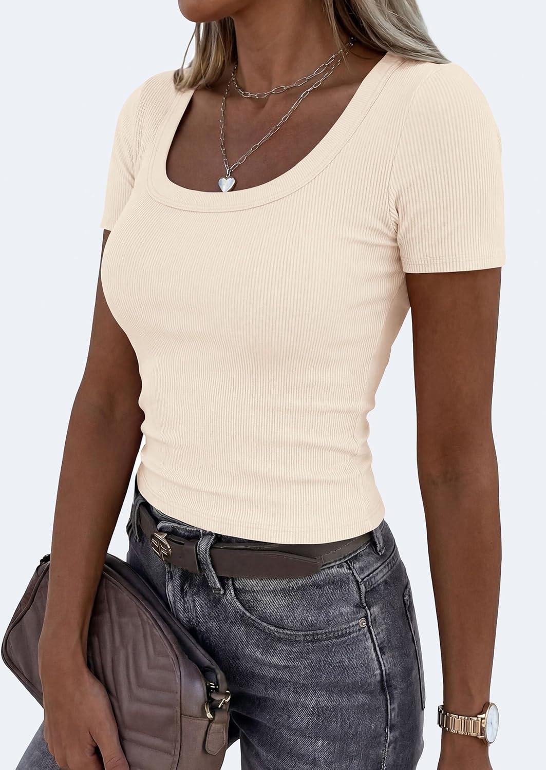 imagePRETTYGARDEN Scoop Neck Tops for Women 2026 Summer Basic Tees Trendy Short Sleeve Shirts Spring Casual Fitted Ribbed TopsBeige
