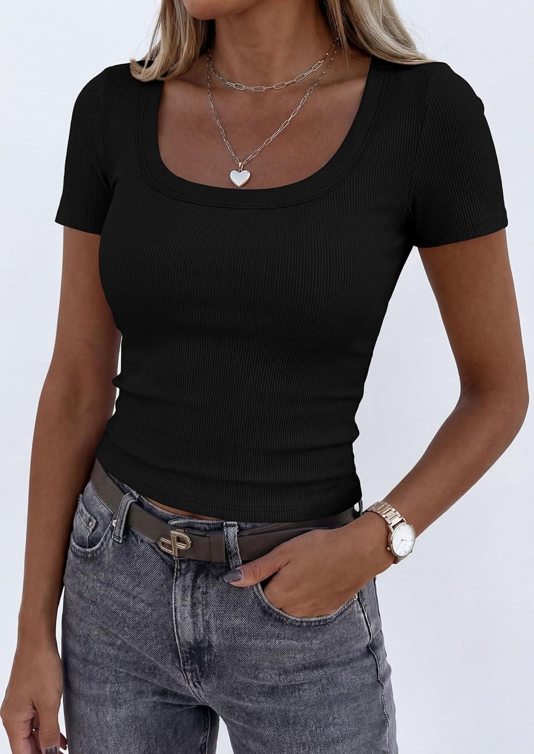 imagePRETTYGARDEN Scoop Neck Tops for Women 2026 Summer Basic Tees Trendy Short Sleeve Shirts Spring Casual Fitted Ribbed TopsBlack