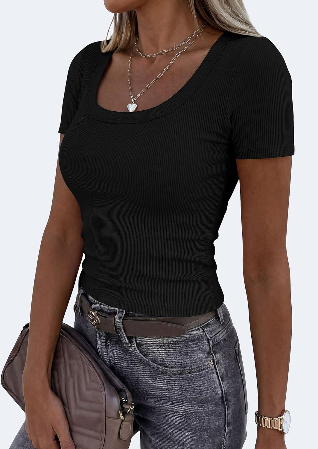 imagePRETTYGARDEN Scoop Neck Tops for Women 2026 Summer Basic Tees Trendy Short Sleeve Shirts Spring Casual Fitted Ribbed TopsBlack