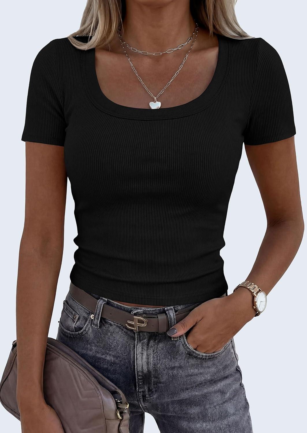 imagePRETTYGARDEN Scoop Neck Tops for Women 2026 Summer Basic Tees Trendy Short Sleeve Shirts Spring Casual Fitted Ribbed TopsBlack