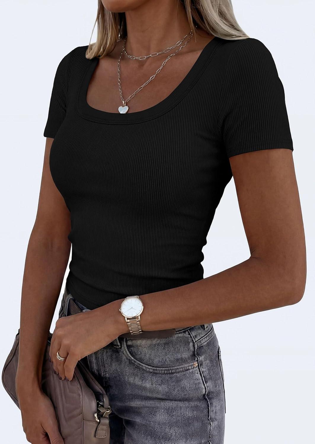 imagePRETTYGARDEN Scoop Neck Tops for Women 2026 Summer Basic Tees Trendy Short Sleeve Shirts Spring Casual Fitted Ribbed TopsBlack