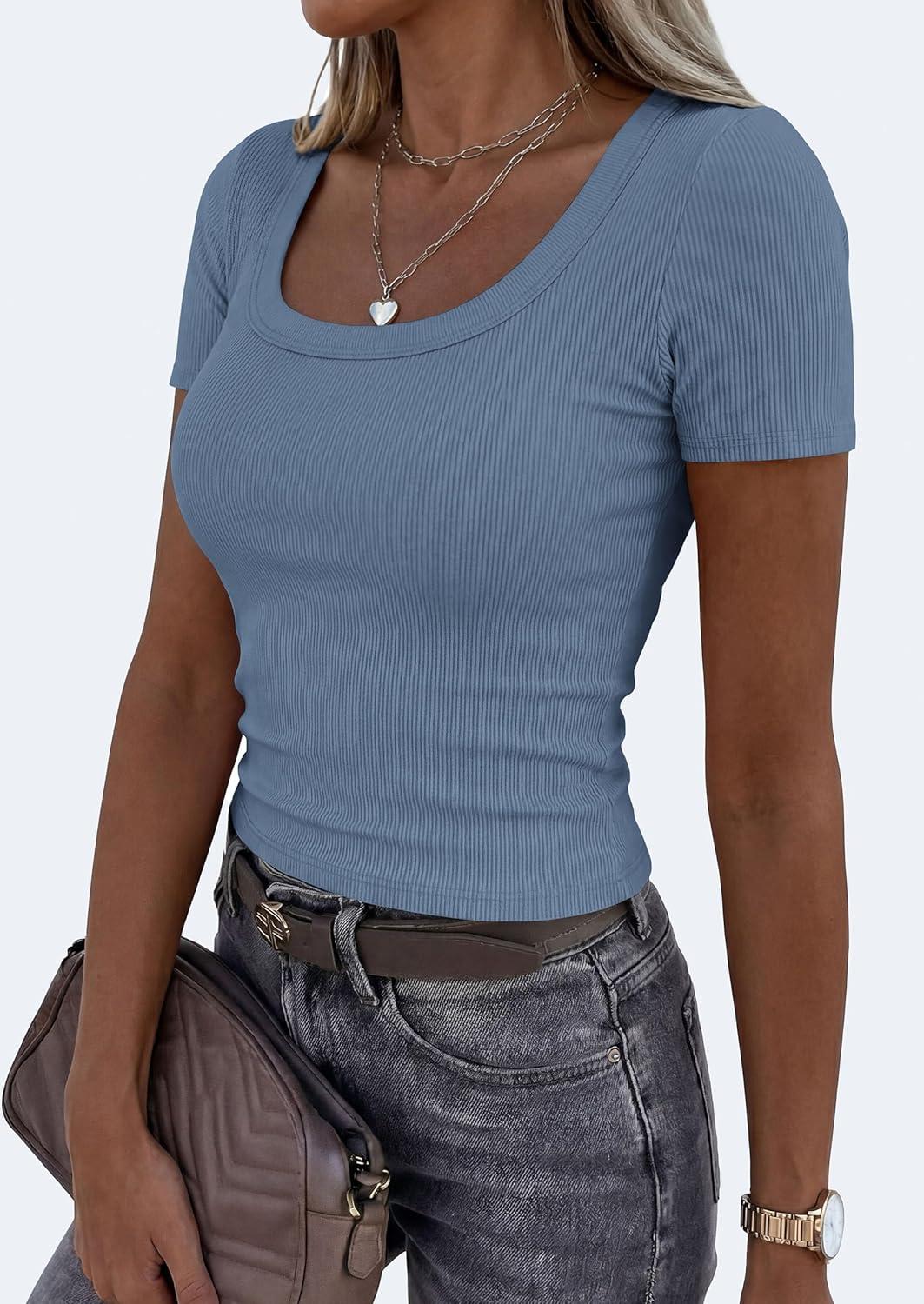 imagePRETTYGARDEN Scoop Neck Tops for Women 2026 Summer Basic Tees Trendy Short Sleeve Shirts Spring Casual Fitted Ribbed TopsBlue Grey