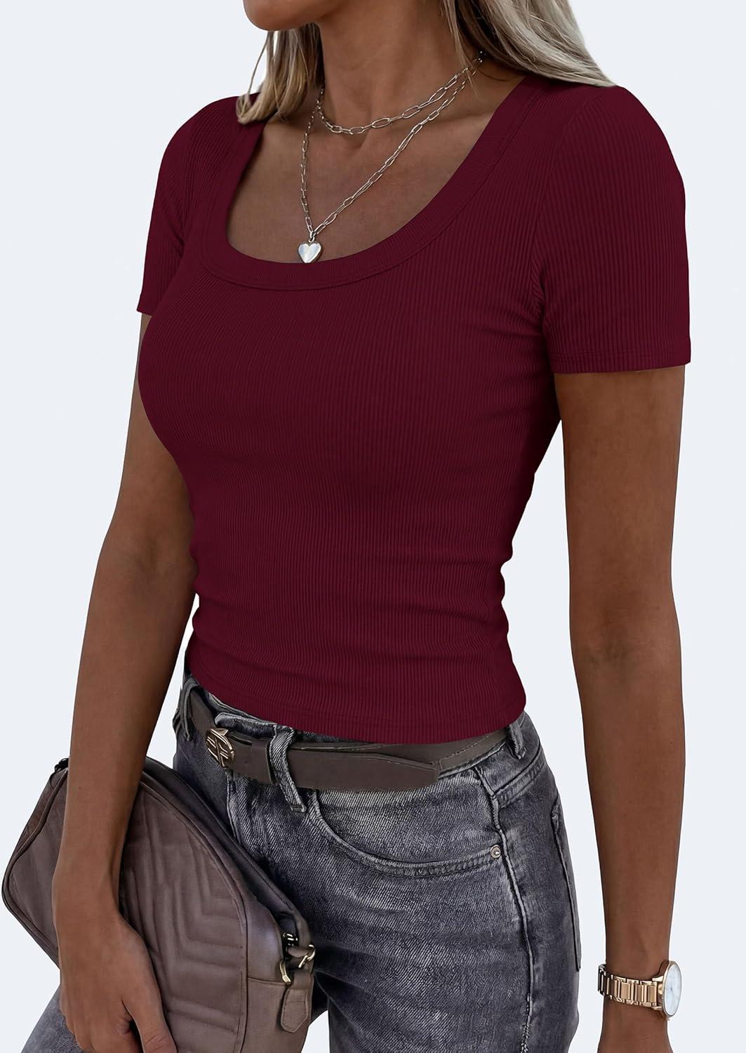 imagePRETTYGARDEN Scoop Neck Tops for Women 2026 Summer Basic Tees Trendy Short Sleeve Shirts Spring Casual Fitted Ribbed TopsBurgundy