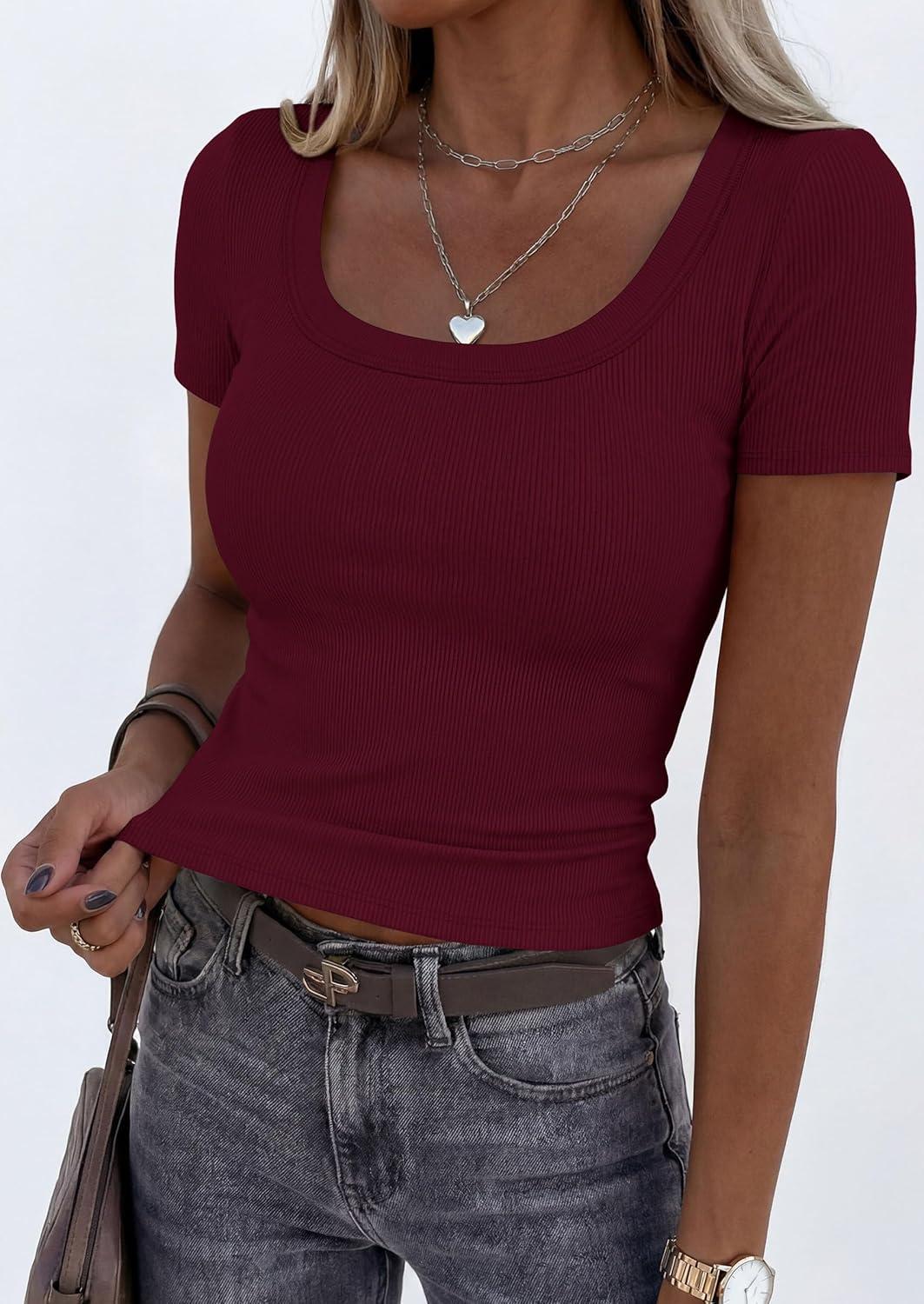 imagePRETTYGARDEN Scoop Neck Tops for Women 2026 Summer Basic Tees Trendy Short Sleeve Shirts Spring Casual Fitted Ribbed TopsBurgundy