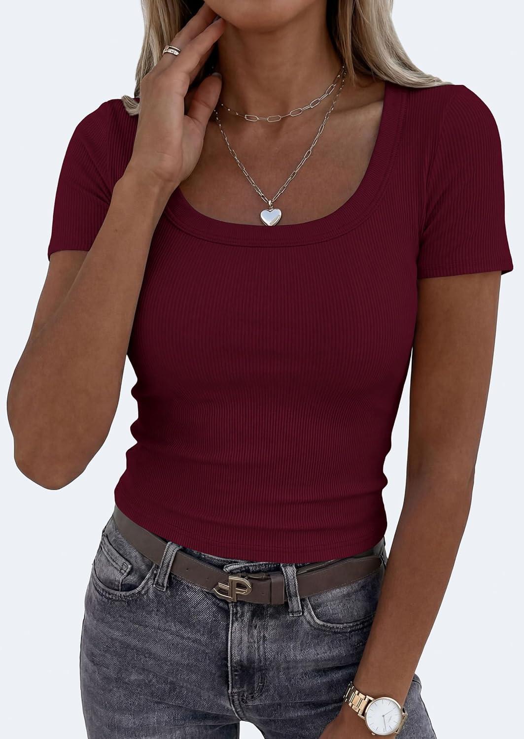 imagePRETTYGARDEN Scoop Neck Tops for Women 2026 Summer Basic Tees Trendy Short Sleeve Shirts Spring Casual Fitted Ribbed TopsBurgundy