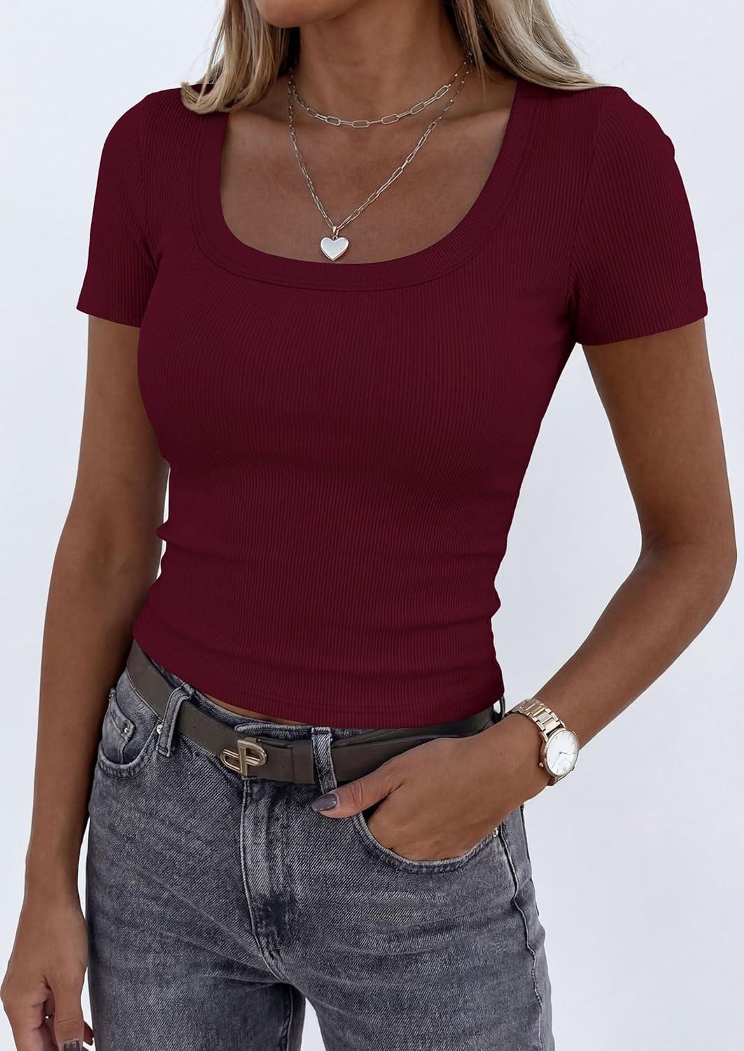 imagePRETTYGARDEN Scoop Neck Tops for Women 2026 Summer Basic Tees Trendy Short Sleeve Shirts Spring Casual Fitted Ribbed TopsBurgundy