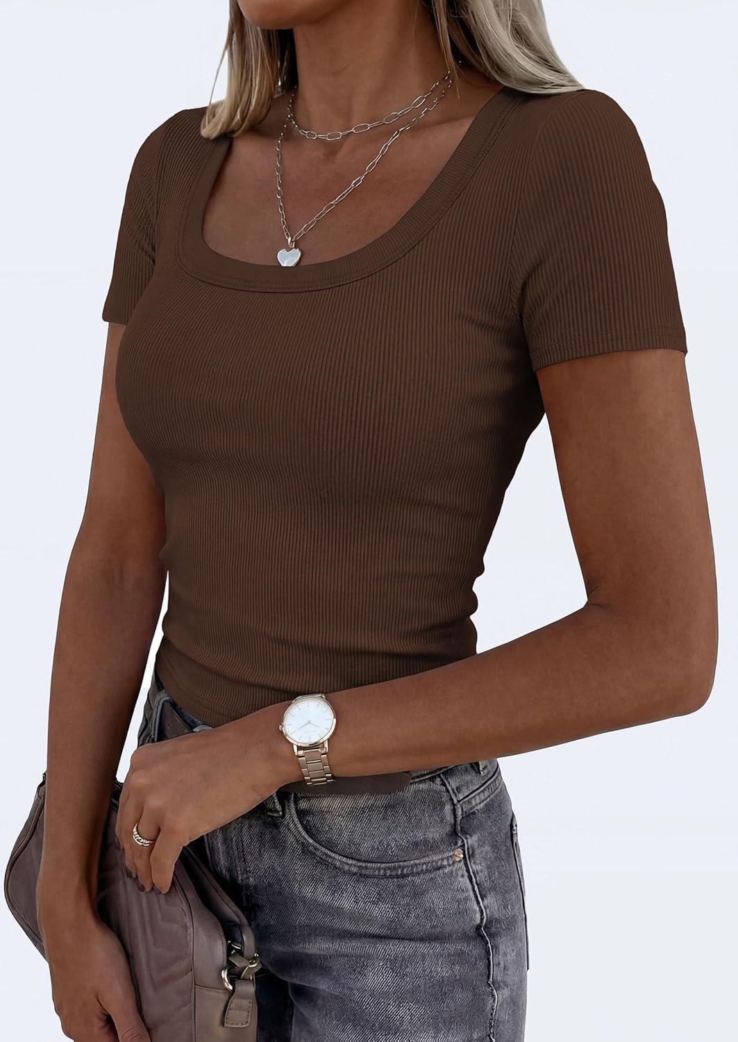 imagePRETTYGARDEN Scoop Neck Tops for Women 2026 Summer Basic Tees Trendy Short Sleeve Shirts Spring Casual Fitted Ribbed TopsCoffee
