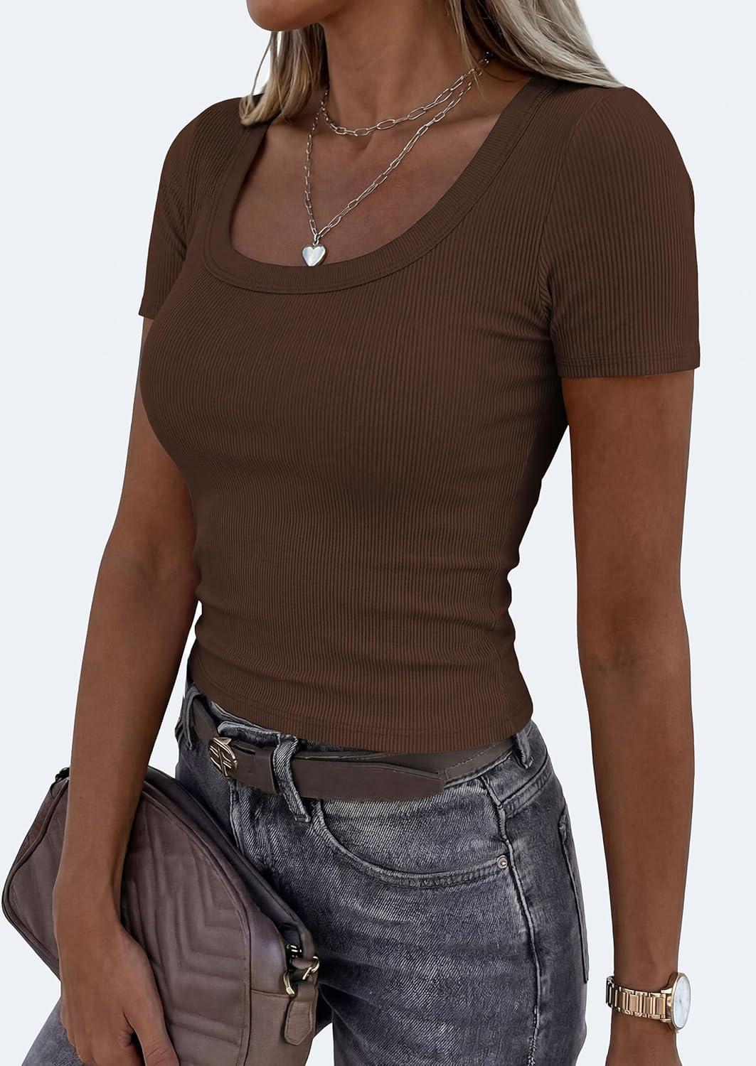 imagePRETTYGARDEN Scoop Neck Tops for Women 2026 Summer Basic Tees Trendy Short Sleeve Shirts Spring Casual Fitted Ribbed TopsCoffee