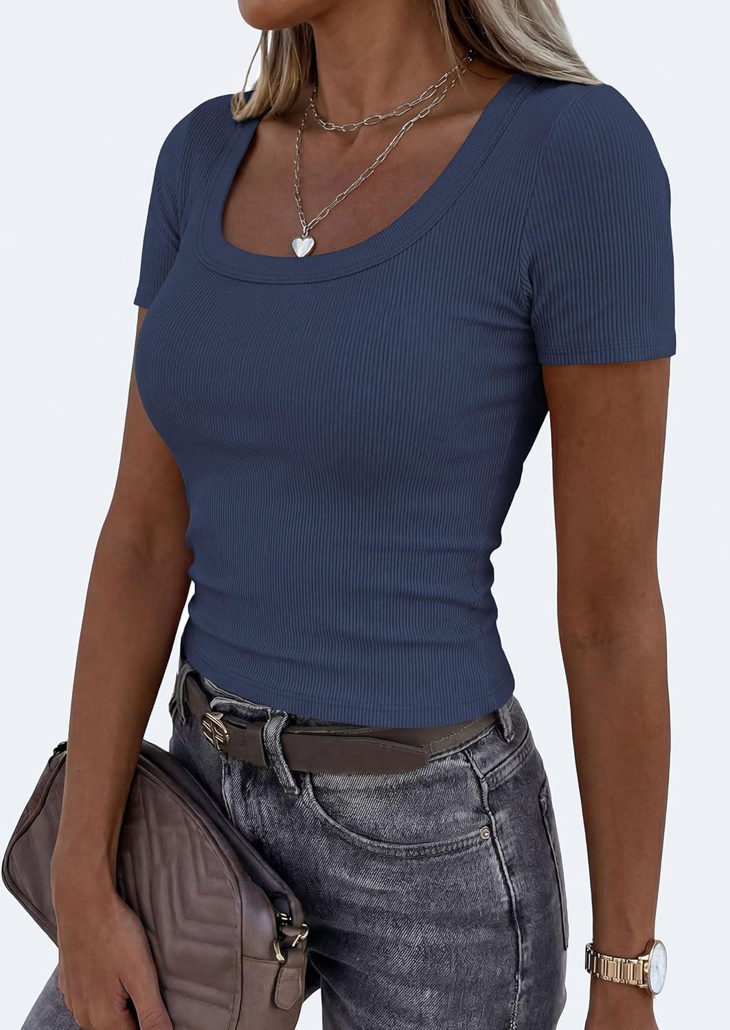 imagePRETTYGARDEN Scoop Neck Tops for Women 2026 Summer Basic Tees Trendy Short Sleeve Shirts Spring Casual Fitted Ribbed TopsDark Blue