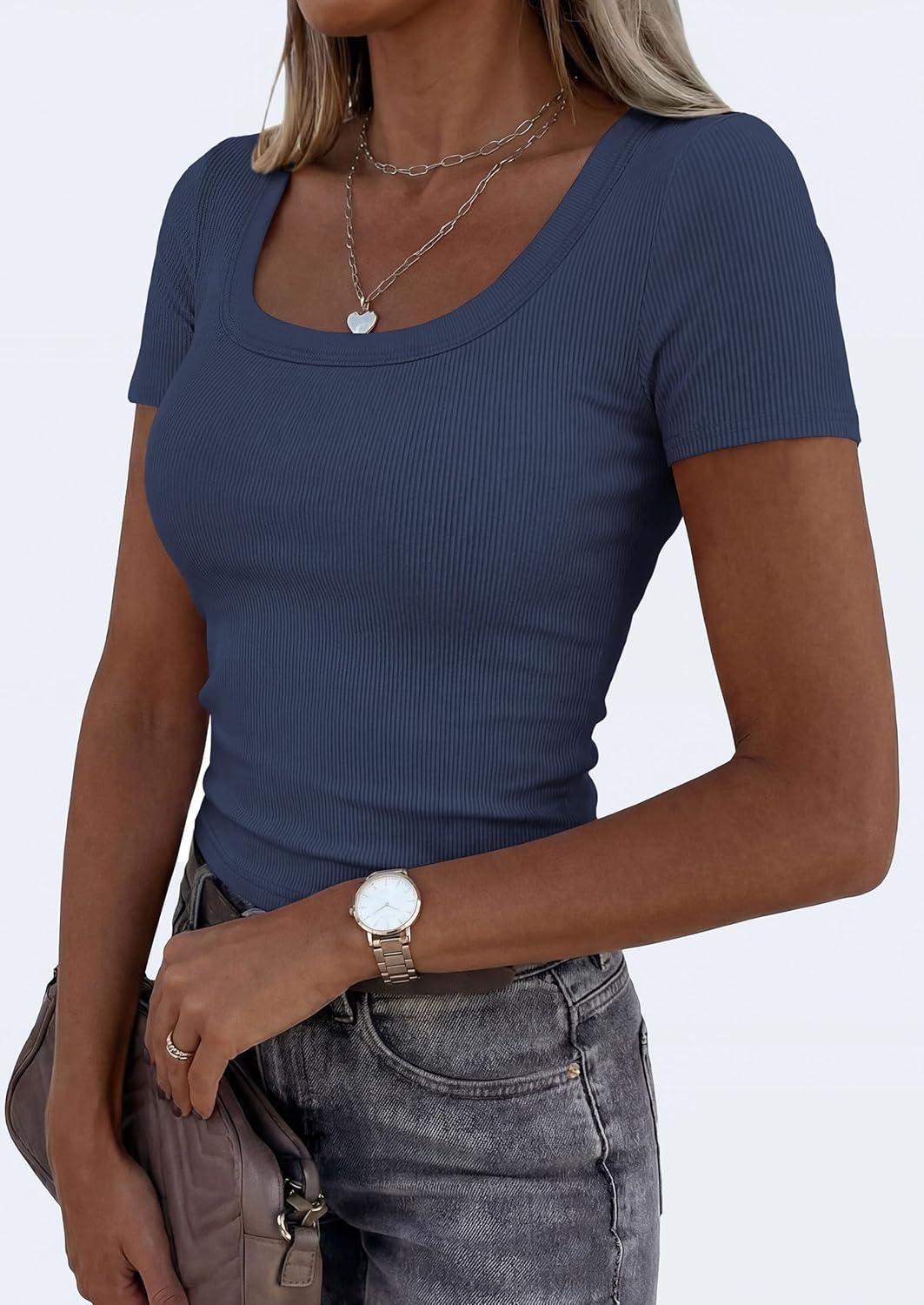 imagePRETTYGARDEN Scoop Neck Tops for Women 2026 Summer Basic Tees Trendy Short Sleeve Shirts Spring Casual Fitted Ribbed TopsDark Blue