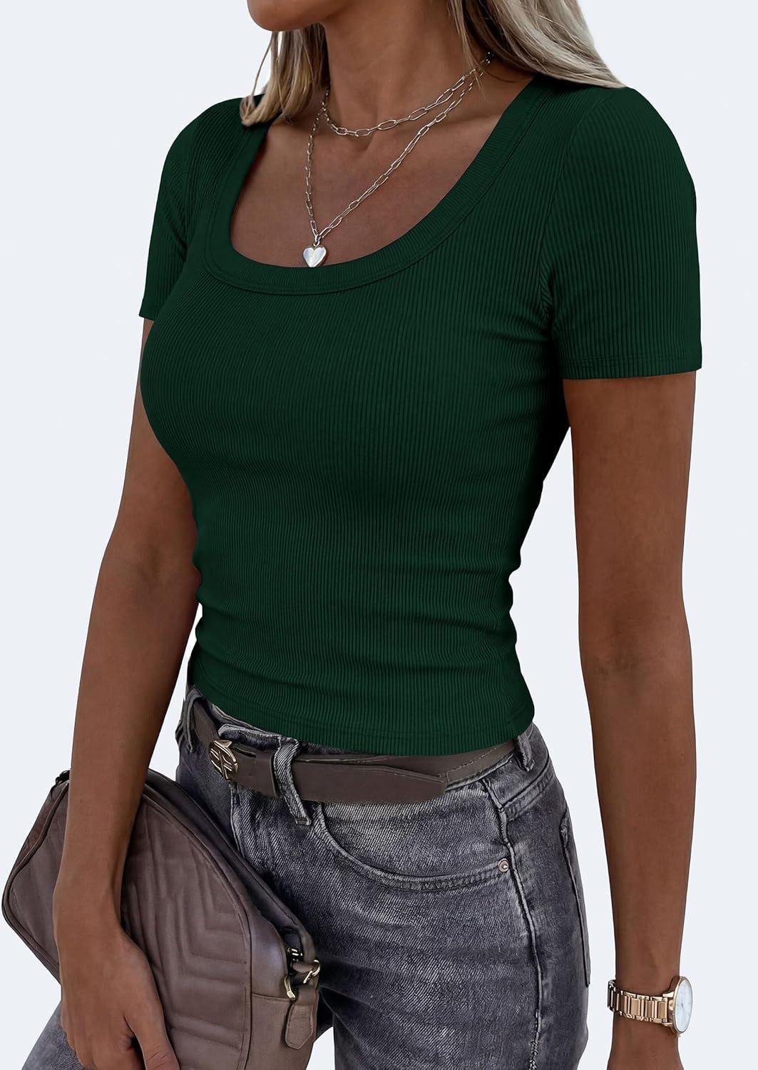 imagePRETTYGARDEN Scoop Neck Tops for Women 2026 Summer Basic Tees Trendy Short Sleeve Shirts Spring Casual Fitted Ribbed TopsDark Green