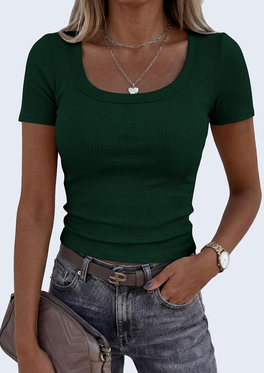 imagePRETTYGARDEN Scoop Neck Tops for Women 2026 Summer Basic Tees Trendy Short Sleeve Shirts Spring Casual Fitted Ribbed TopsDark Green