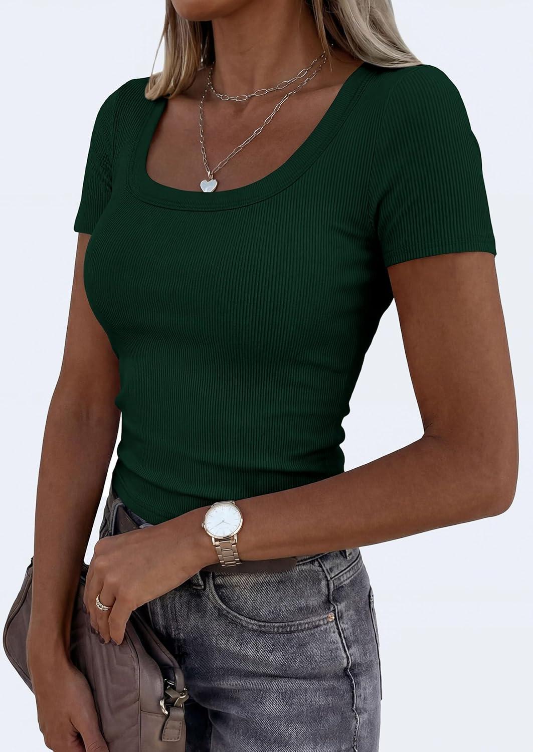 imagePRETTYGARDEN Scoop Neck Tops for Women 2026 Summer Basic Tees Trendy Short Sleeve Shirts Spring Casual Fitted Ribbed TopsDark Green