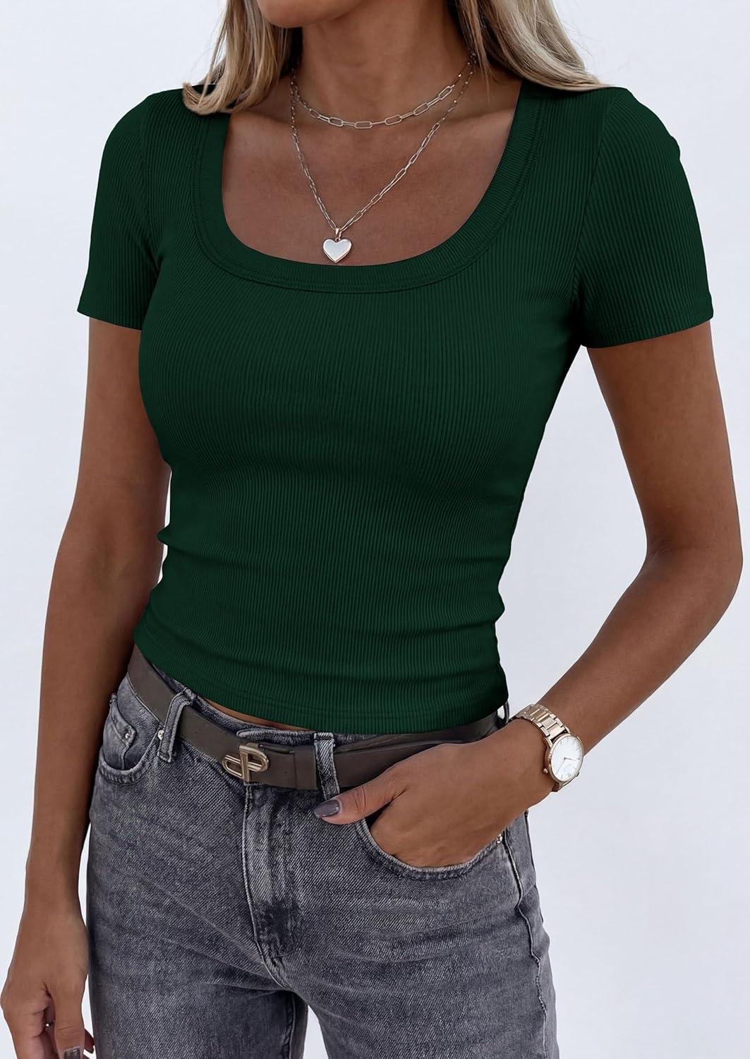 imagePRETTYGARDEN Scoop Neck Tops for Women 2026 Summer Basic Tees Trendy Short Sleeve Shirts Spring Casual Fitted Ribbed TopsDark Green