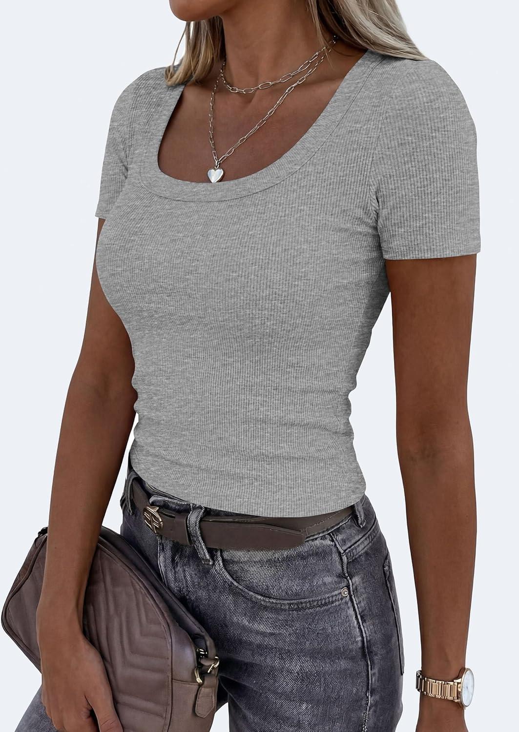 imagePRETTYGARDEN Scoop Neck Tops for Women 2026 Summer Basic Tees Trendy Short Sleeve Shirts Spring Casual Fitted Ribbed TopsGrey