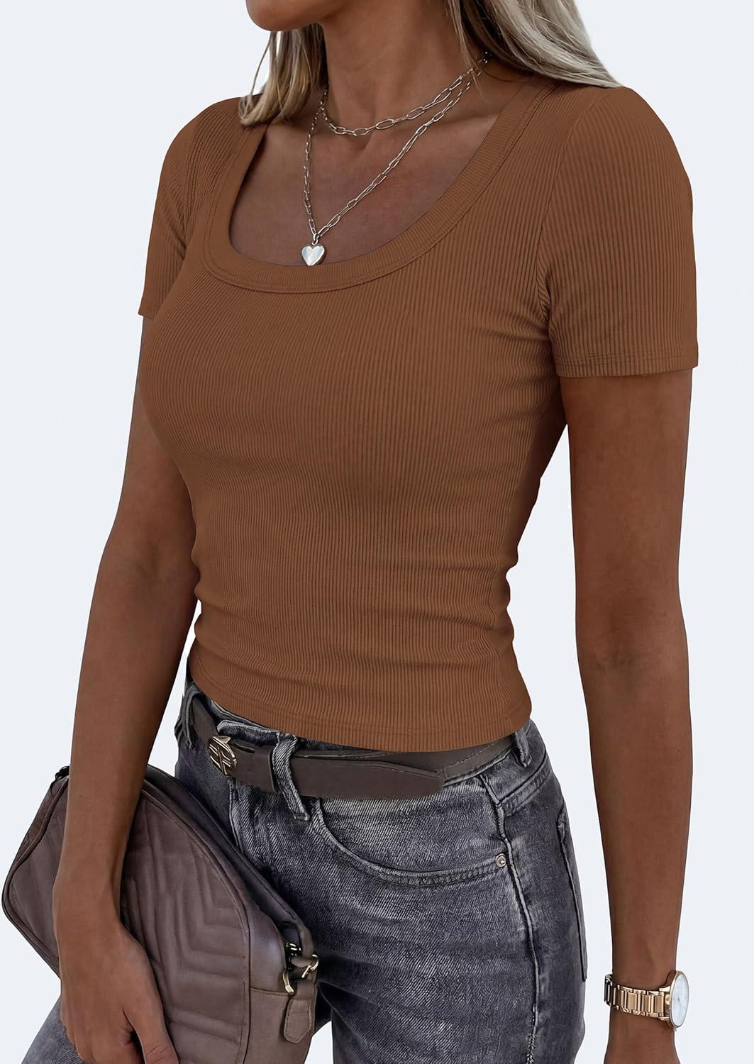 imagePRETTYGARDEN Scoop Neck Tops for Women 2026 Summer Basic Tees Trendy Short Sleeve Shirts Spring Casual Fitted Ribbed TopsKhaki