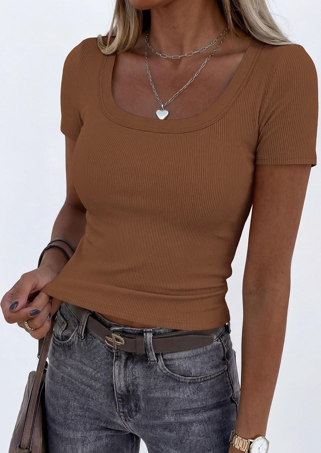 imagePRETTYGARDEN Scoop Neck Tops for Women 2026 Summer Basic Tees Trendy Short Sleeve Shirts Spring Casual Fitted Ribbed TopsKhaki