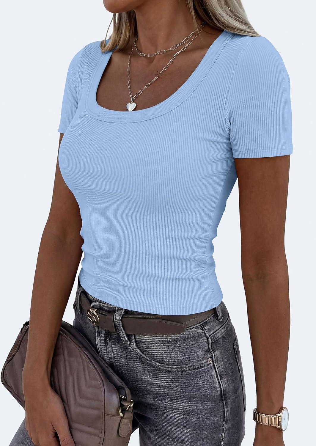 imagePRETTYGARDEN Scoop Neck Tops for Women 2026 Summer Basic Tees Trendy Short Sleeve Shirts Spring Casual Fitted Ribbed TopsLight Blue
