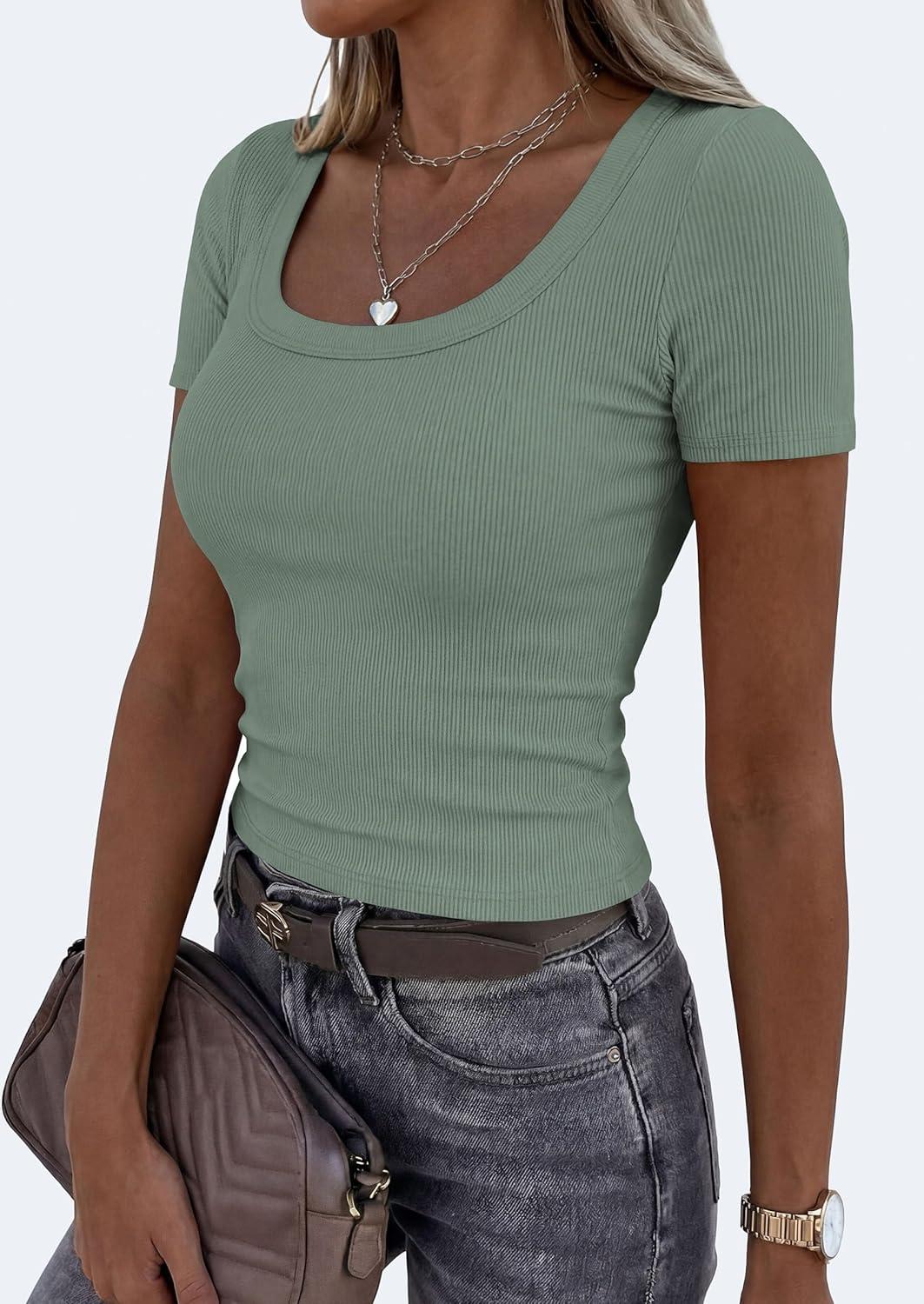 imagePRETTYGARDEN Scoop Neck Tops for Women 2026 Summer Basic Tees Trendy Short Sleeve Shirts Spring Casual Fitted Ribbed TopsSage Green
