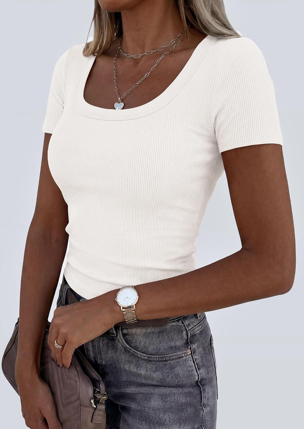 imagePRETTYGARDEN Scoop Neck Tops for Women 2026 Summer Basic Tees Trendy Short Sleeve Shirts Spring Casual Fitted Ribbed TopsWhite