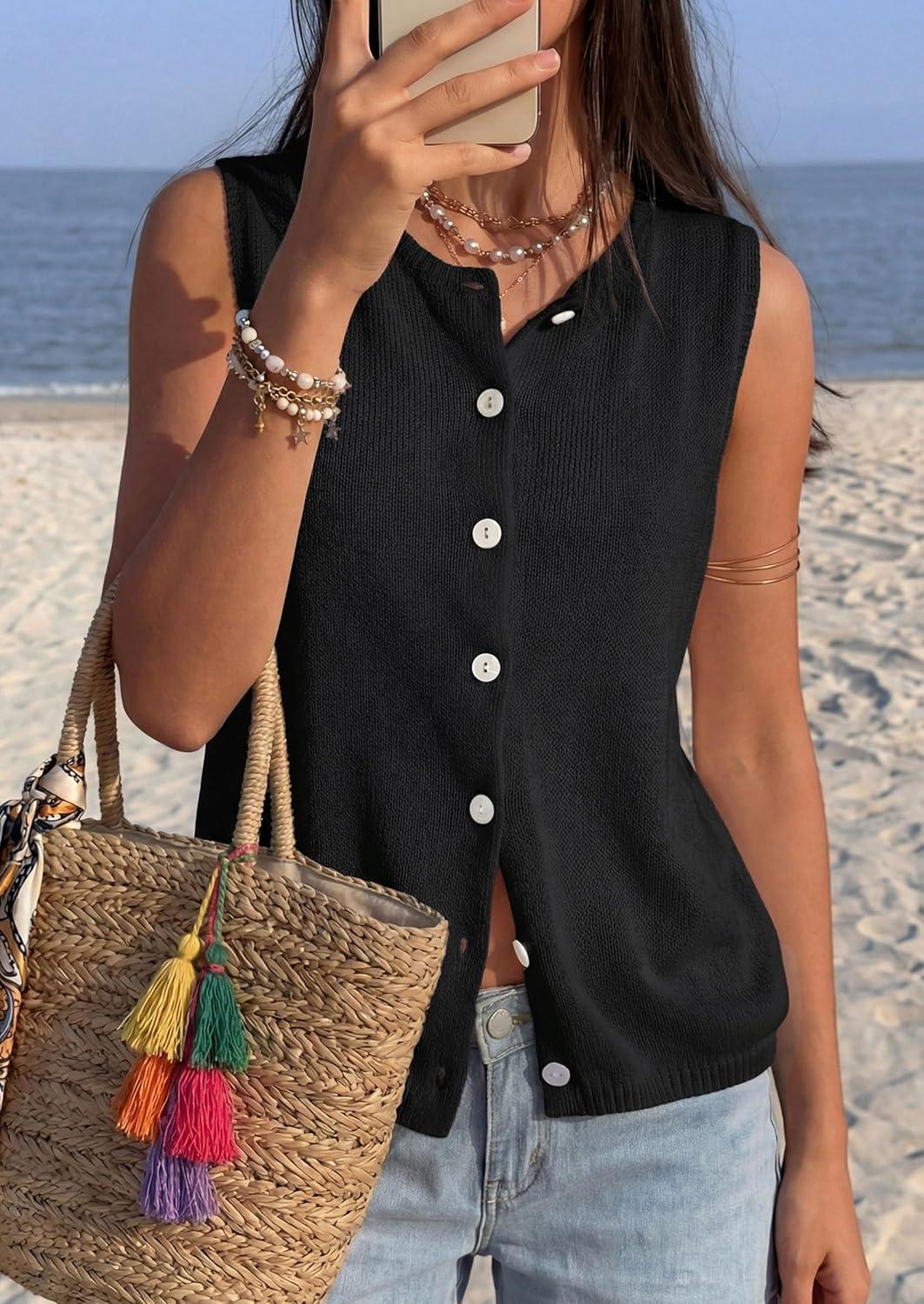 imagePRETTYGARDEN Sweater Vest Women 2026 Summer Sleeveless Cardigans Trendy Knit Vest Top Button Down Spring Sweater TopsBlack