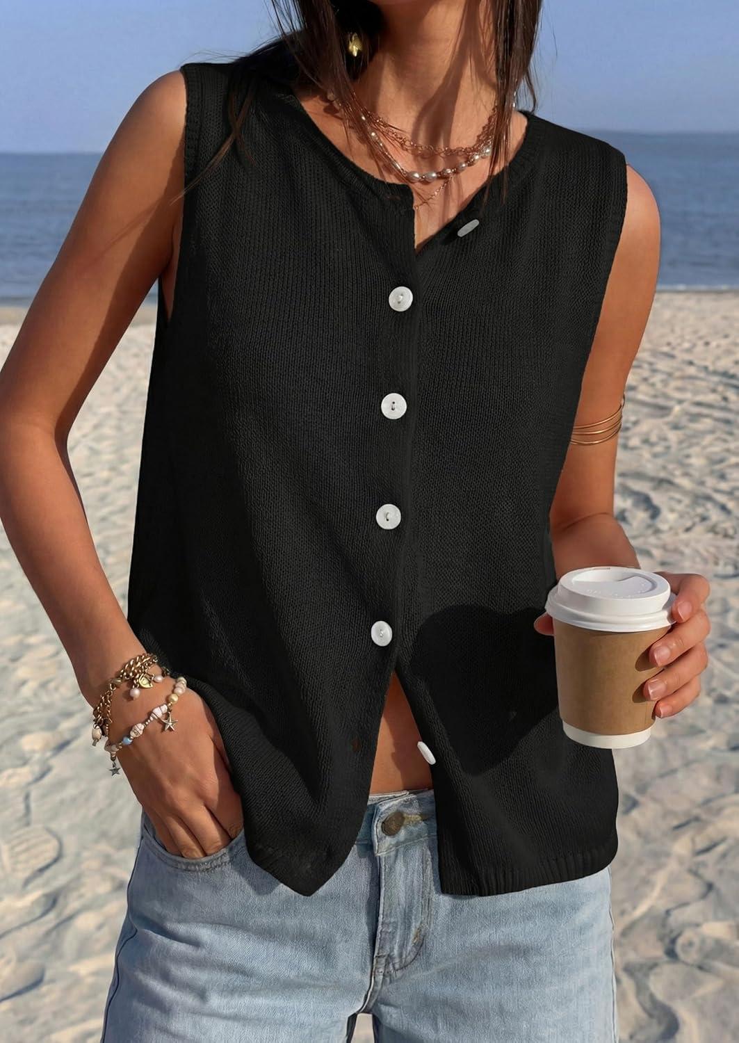 imagePRETTYGARDEN Sweater Vest Women 2026 Summer Sleeveless Cardigans Trendy Knit Vest Top Button Down Spring Sweater TopsBlack