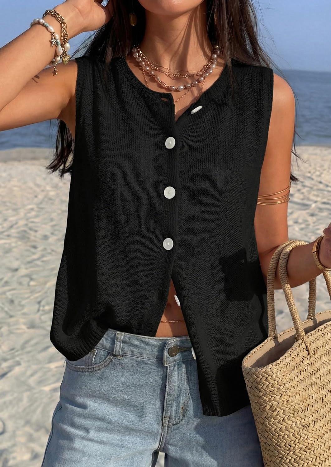 imagePRETTYGARDEN Sweater Vest Women 2026 Summer Sleeveless Cardigans Trendy Knit Vest Top Button Down Spring Sweater TopsBlack