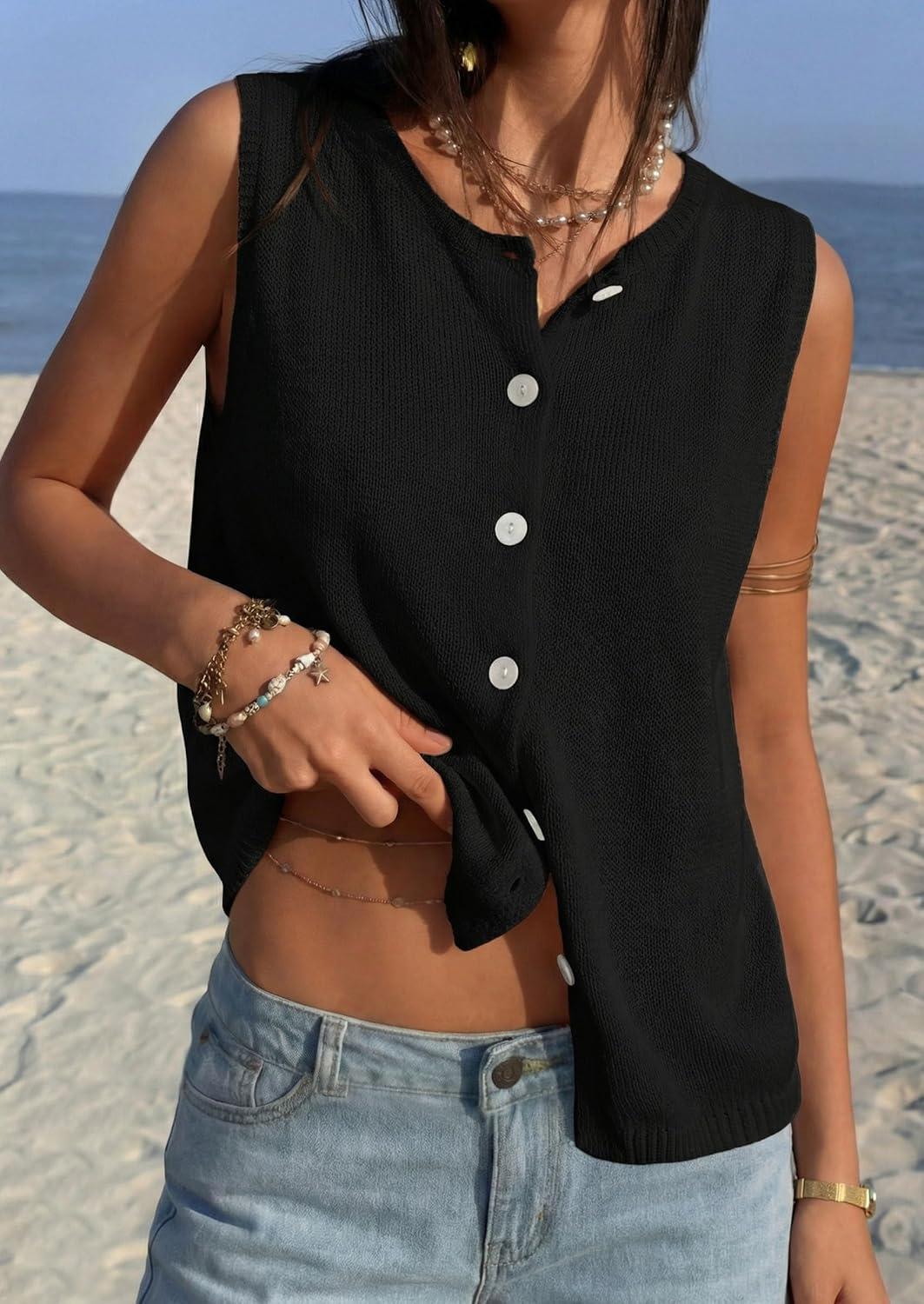 imagePRETTYGARDEN Sweater Vest Women 2026 Summer Sleeveless Cardigans Trendy Knit Vest Top Button Down Spring Sweater TopsBlack
