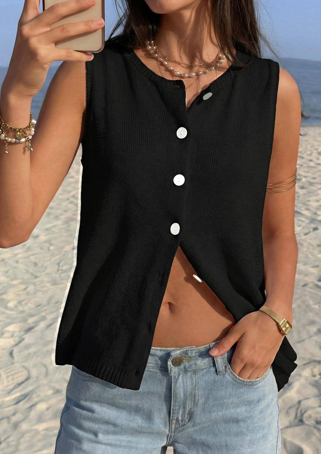 imagePRETTYGARDEN Sweater Vest Women 2026 Summer Sleeveless Cardigans Trendy Knit Vest Top Button Down Spring Sweater TopsBlack