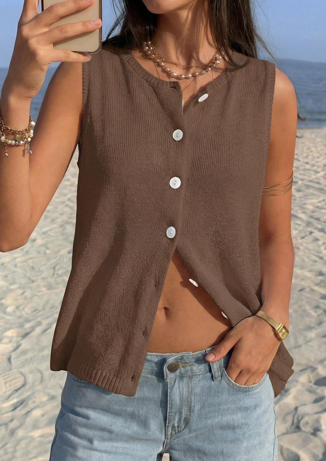 imagePRETTYGARDEN Sweater Vest Women 2026 Summer Sleeveless Cardigans Trendy Knit Vest Top Button Down Spring Sweater TopsBrown