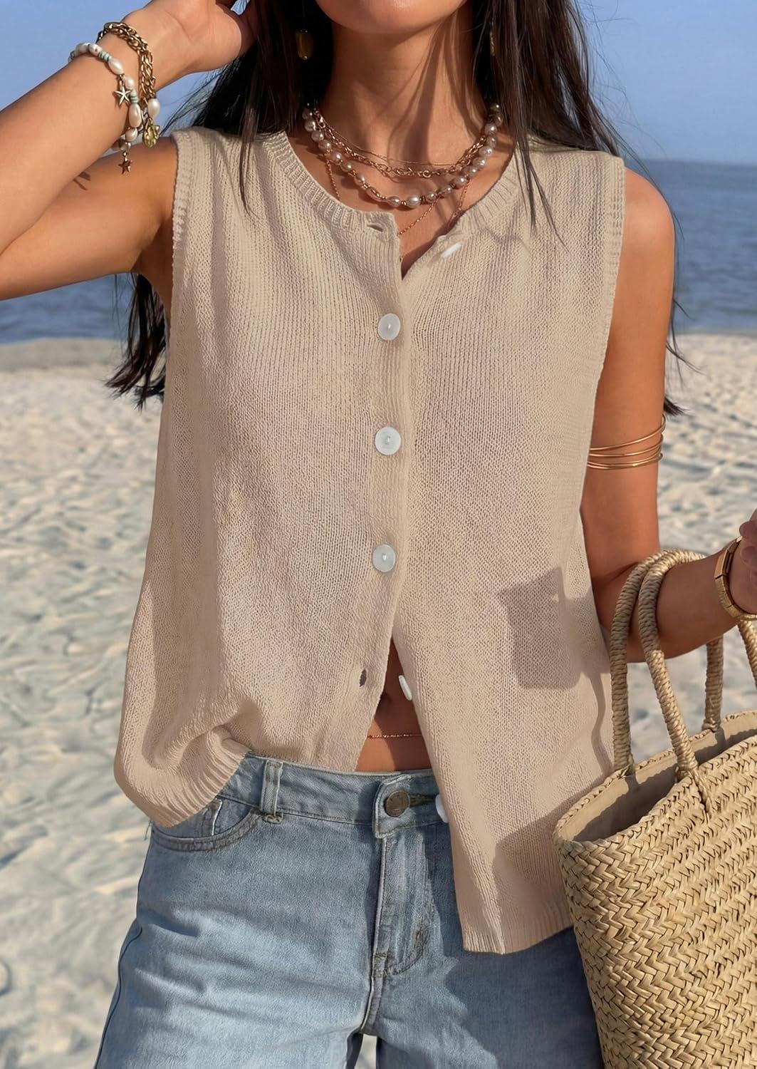 imagePRETTYGARDEN Sweater Vest Women 2026 Summer Sleeveless Cardigans Trendy Knit Vest Top Button Down Spring Sweater TopsKhaki