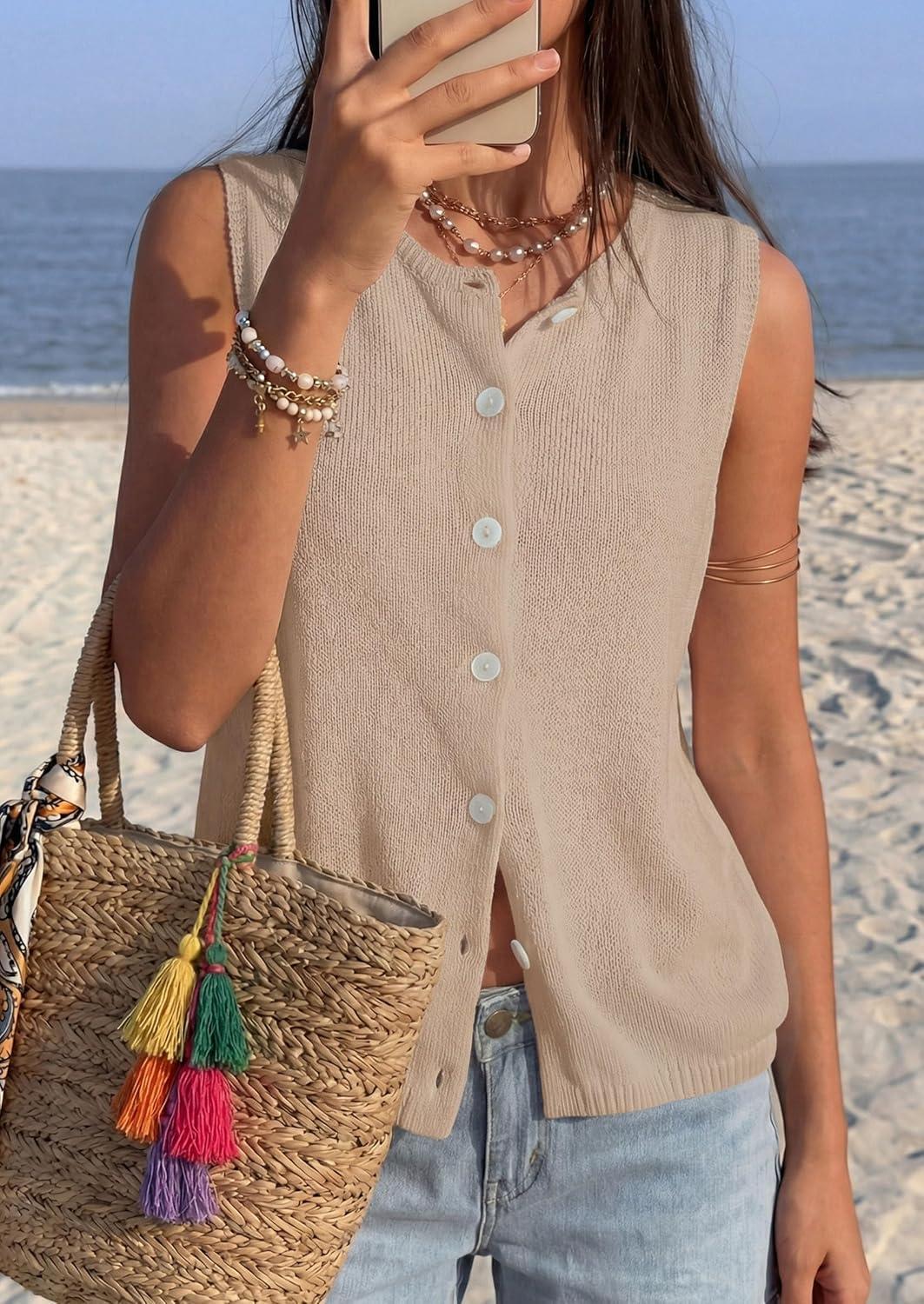 imagePRETTYGARDEN Sweater Vest Women 2026 Summer Sleeveless Cardigans Trendy Knit Vest Top Button Down Spring Sweater TopsKhaki